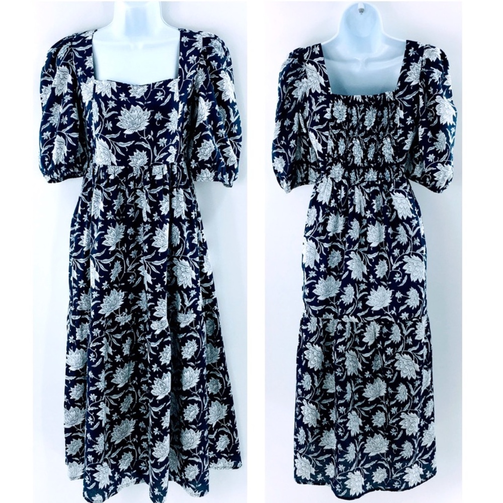 Monsoon and Beyond Estella Midi Dress Blue Rohida Floral Print Handmade Sz S